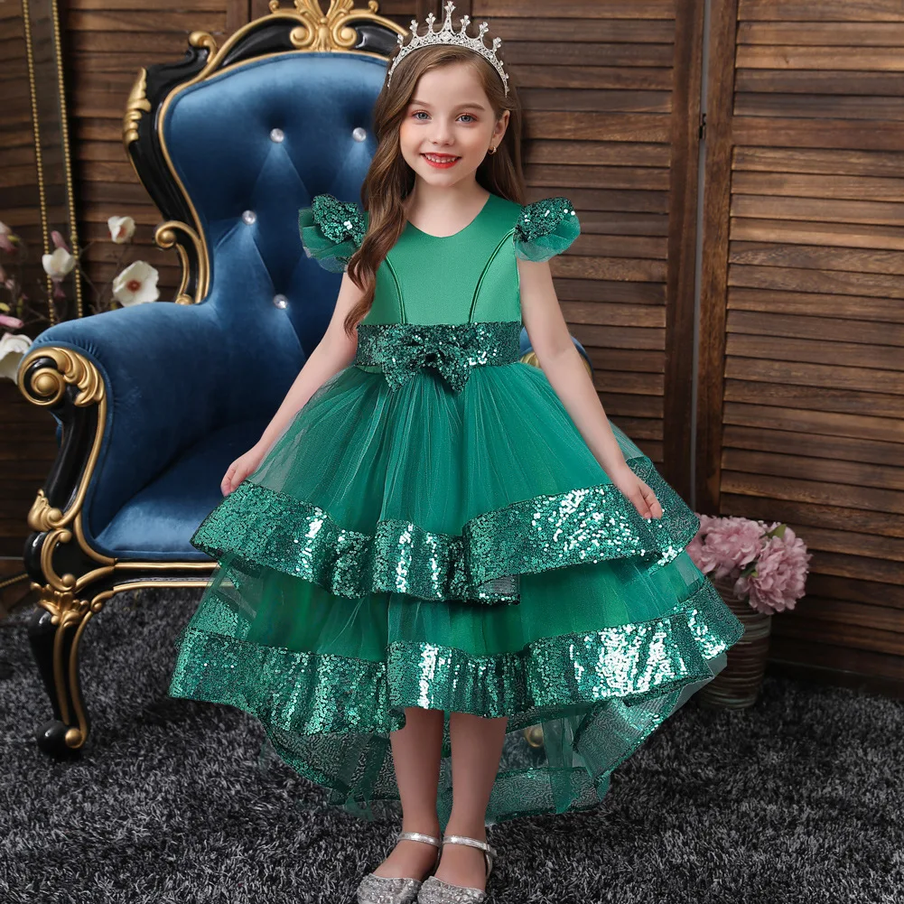 

Christmas Dress for Girls 2023 Evening Dress Wedding Dresses Kid Graduation Layered Tailing Bow Mesh Long Party Dresses 4-12Y