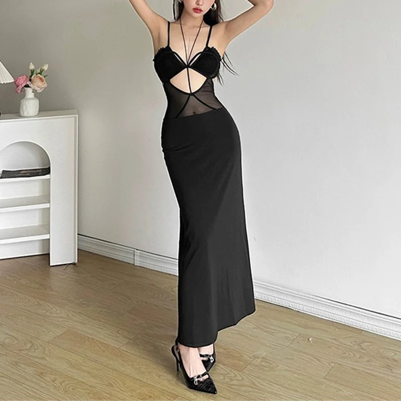 Summer Dress Women Sexy Solid Color Hollow Out Spaghetti Strap Sleeveless Mesh Bodycon Dress Evening Party Dresses