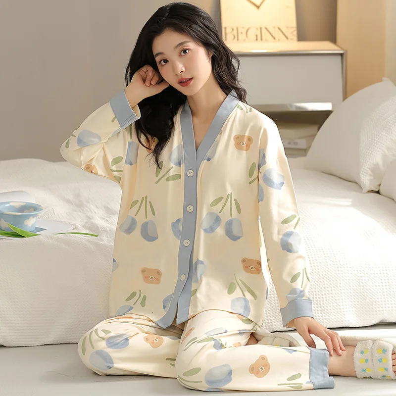 Spring Autumn Women's Thin Milk Silk Pajamas V-Neck Long Sleeve Cardigan Pants Oversized Loose Casual Print Home Clothing Set