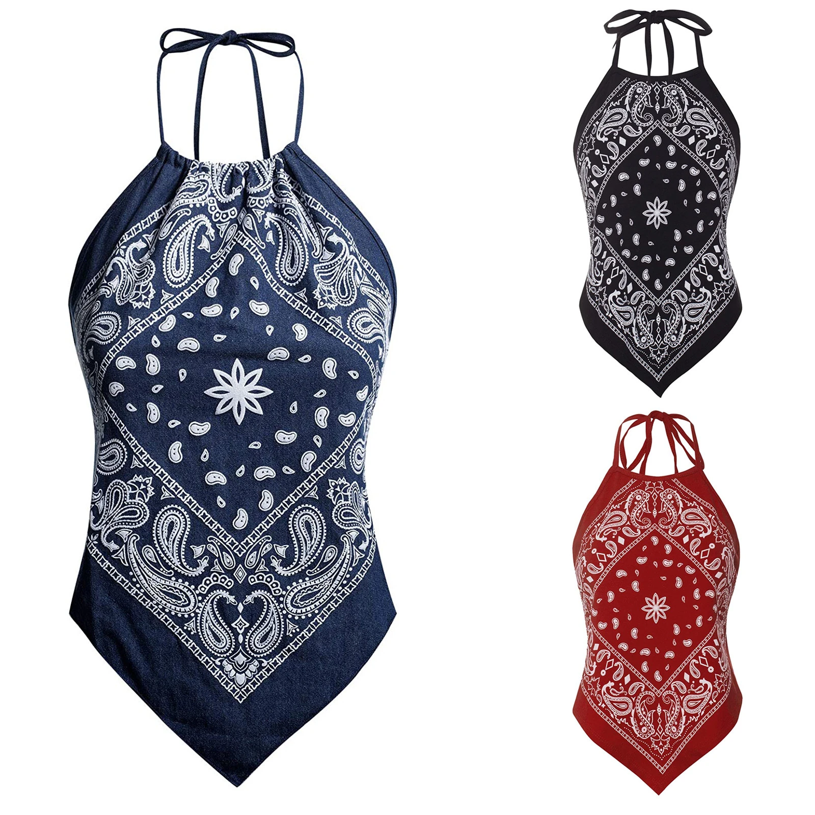 Women Tank Top Tummy Control Sleeveless Sexy Paisley Bandana Halter Top ...