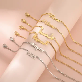 Bracciale con nome personalizzato per ragazze da donna, scatola in acciaio inossidabile, catena, lettera, braccialetti con ciondoli personalizzati, regalo unico di gioielli personalizzati