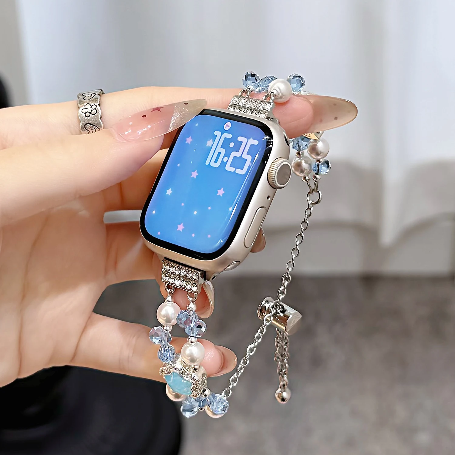 Damen-Armband mit funkelndem Stern, Perlenarmband für Apple Watch-Armband, 46/45/44/42/40–40 mm, hochwertiges, duftendes Armband für die iWatch-Serie – Detail 12