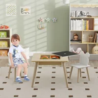 Table et 2 chaises en bois pour enfants Aiyaplay avec compartiments et tableau noir amovible 60X60X44 cm Naturel et Blanc 2