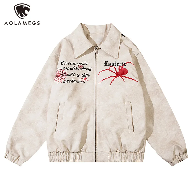 

Aolamegs Men PU Leather Jacket Letter Spider Embroidered Coat American High Street Motorcycle Jackets Hip Hop Outwear Unisex