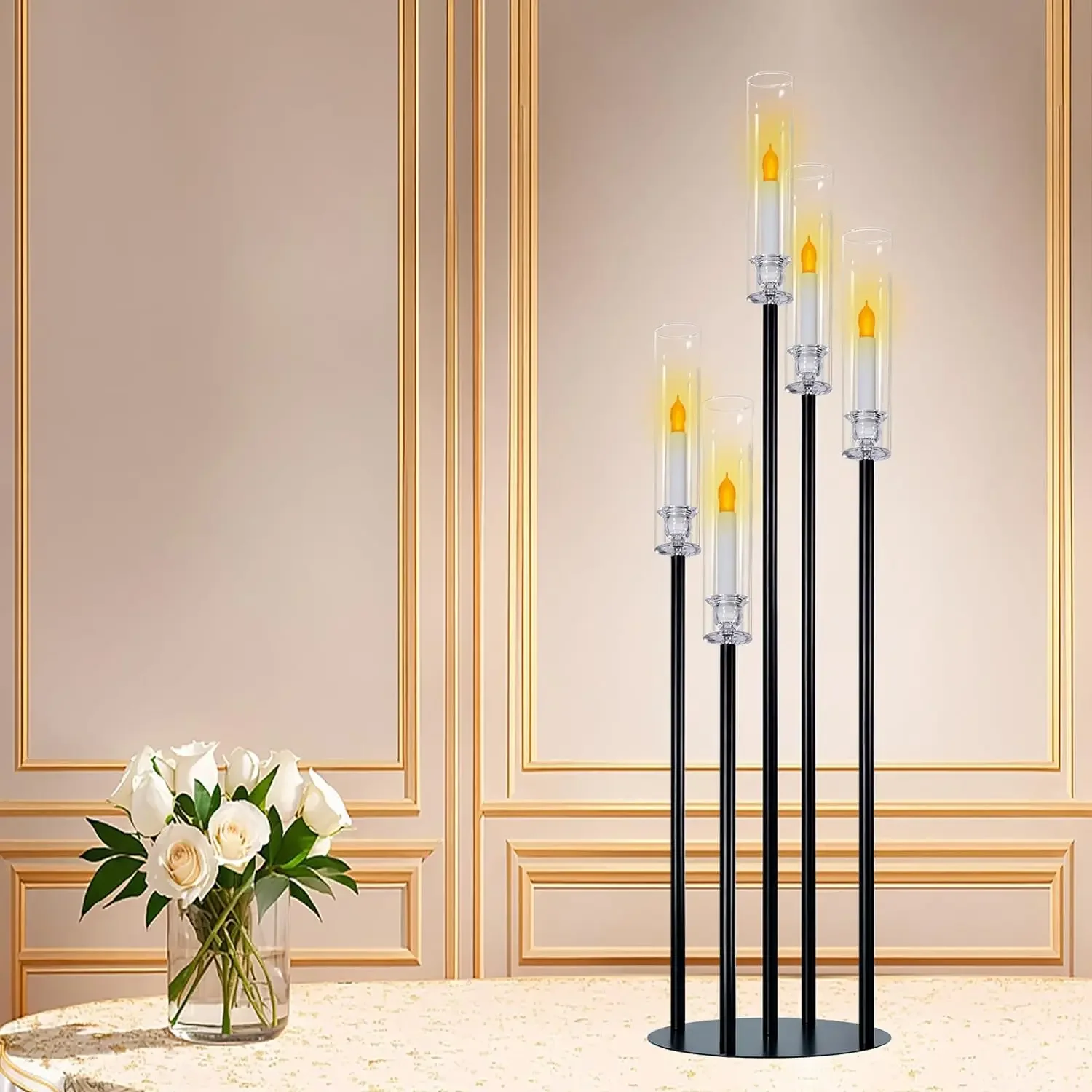 Black Taper Candle Holders for LED Candles Metal 5 Arms Candelabra Candlestick Holders for Wedding Engagement Party Decoration