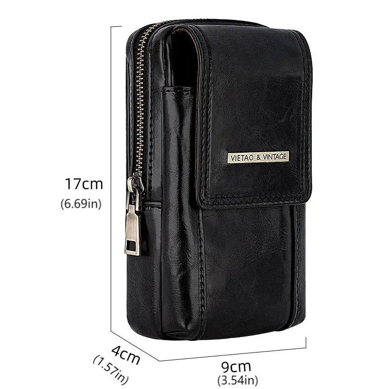 Outdoor Adventure Black PU Leather Phone Case - Vertical Large Capacity Zipper Pouch