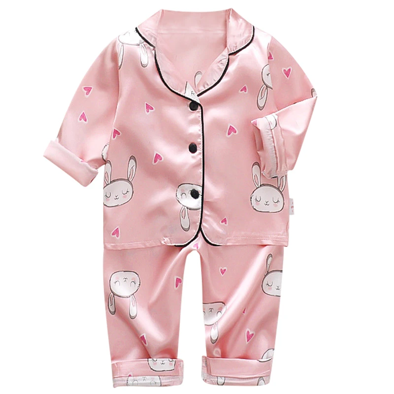 home Wear Long Sleeve Baby suit Kids Clothes Toddler Boys Girls Ice silk satin Cartoon little bear Tops Pants Set for Children\'s