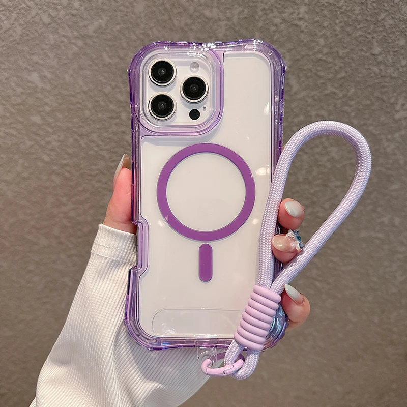 Heavy Duty Clear Shockproof Magnetic Phone Case with Magsafe Charging and Lanyard Attachment