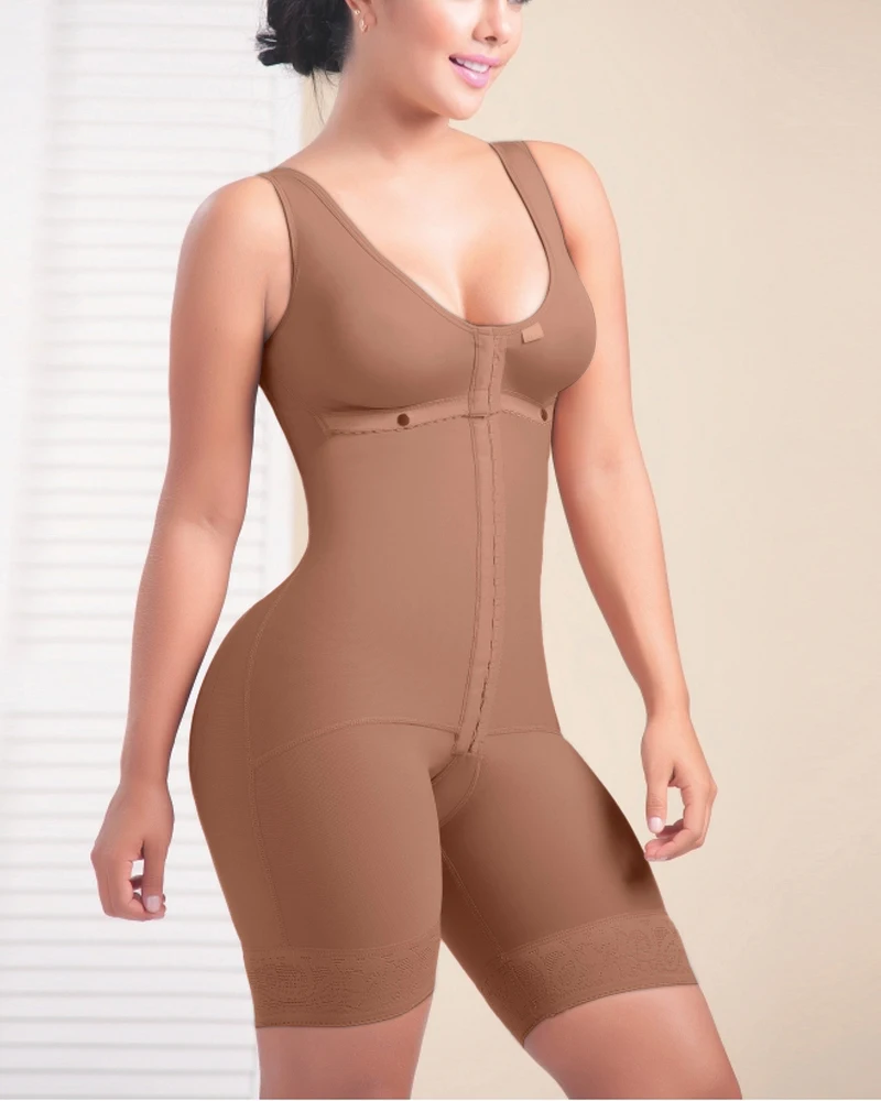Fajas Colombiana Short Sleeveless Mid Back Shaping Bodysuit Bra Eye N Hook Shapewear Tummy Control Post Op Fajas For Women