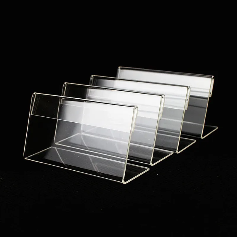 10pcs Clear Price Tag Clip Sign Card Holder stands L Shape Mini Label Deskstop stand Racks Acrylic Card Display Holder 4X2 7X4cm