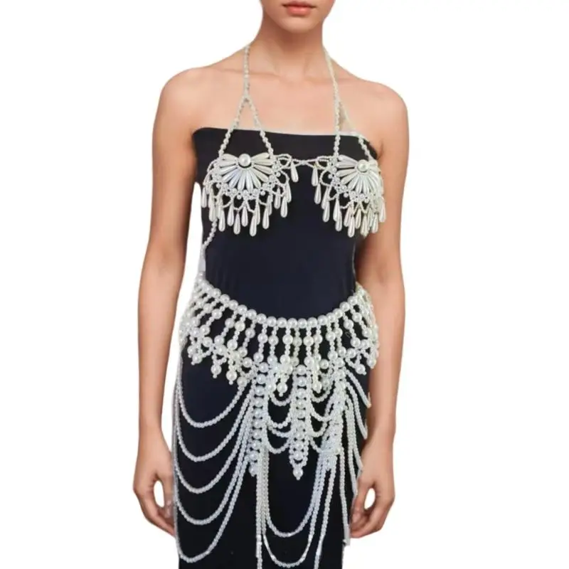 A52E Zarte Legierung Bh Kette Schmuck Für Frauen ABS Perlen Quasten Körper Kette Elegante Festival Strand Party Zubehör Set – Detail 1