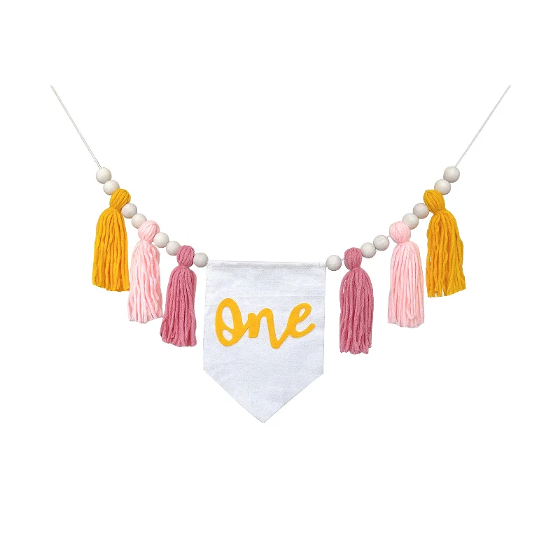 1PC INS Baby Shower ONE Highchair Banner Boy Girl 1st Kids Birthday Handmade Wooden Bead Garland Wool Backdrop Decorations