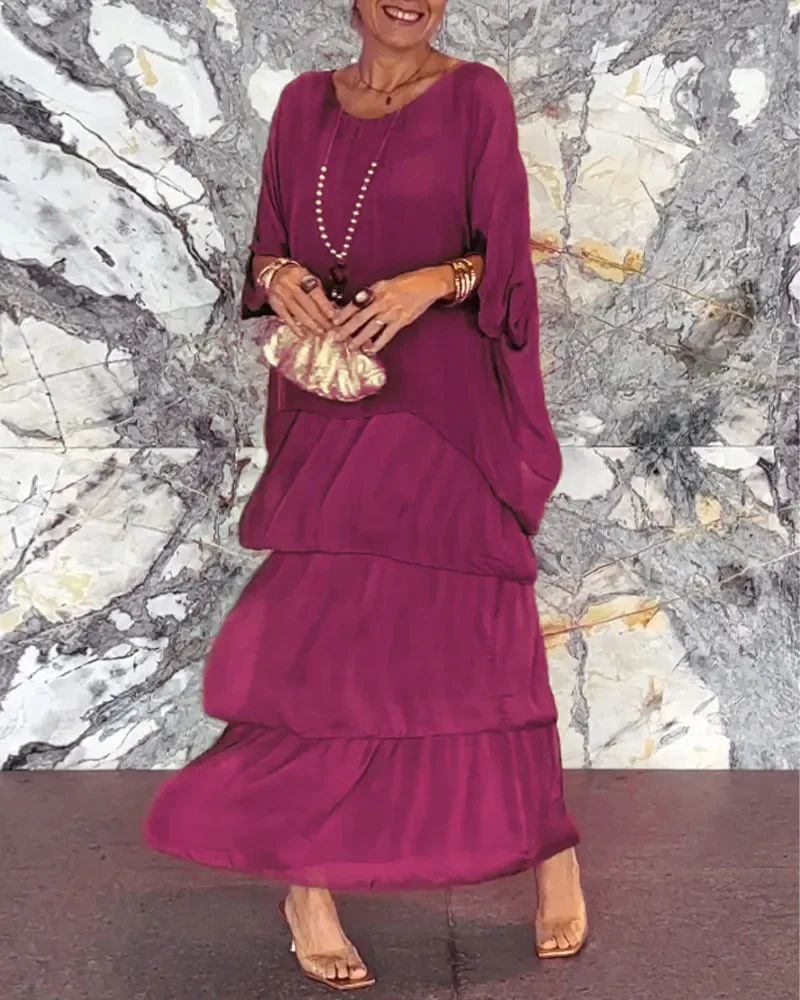 Flower Print Chiffon Dresses Women Fashion Temperament O Neck Bat Sleeve Layered Cake Dress Female Spring Summer New Vestidos
