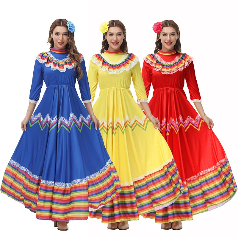 

2023 Women Dress Traditional Mexican Folk Dancer Dress for Adult National Mexico Style Cinco De Mayo Costume Bohemia Long Dress