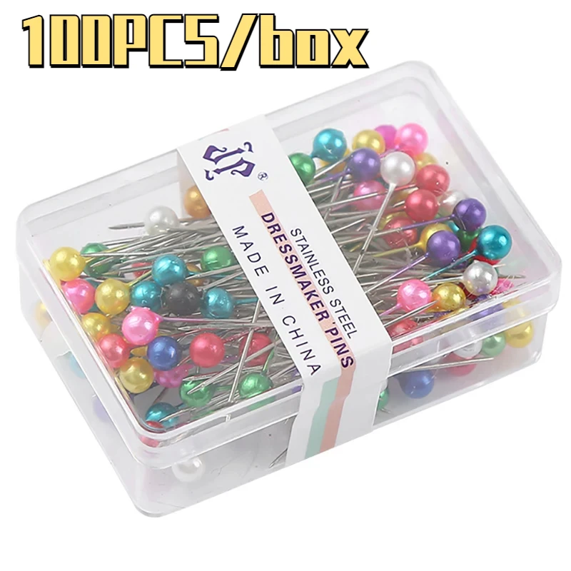 

100Pcs/Box 38cm Colorful Round Pearl Head Needles Stitch Straight Push Sewing Pins for Dressmaking DIY Positioning Sewing Tools