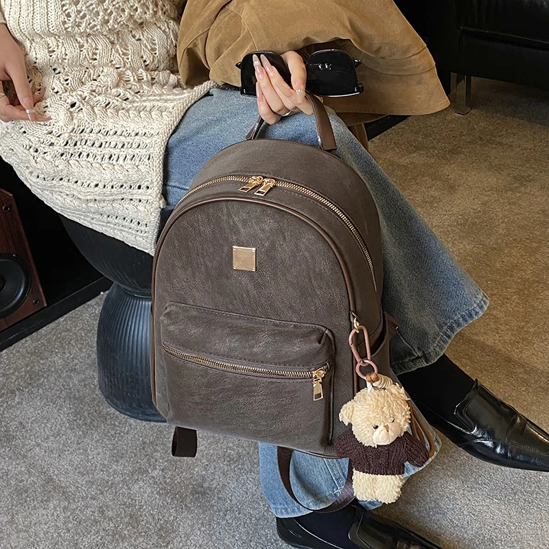 High Quality Fashion Backpacks For Women Pure Color Large Capacity Rucksack With Bear Pendant Casual Street Travelling Knapsacks - 6