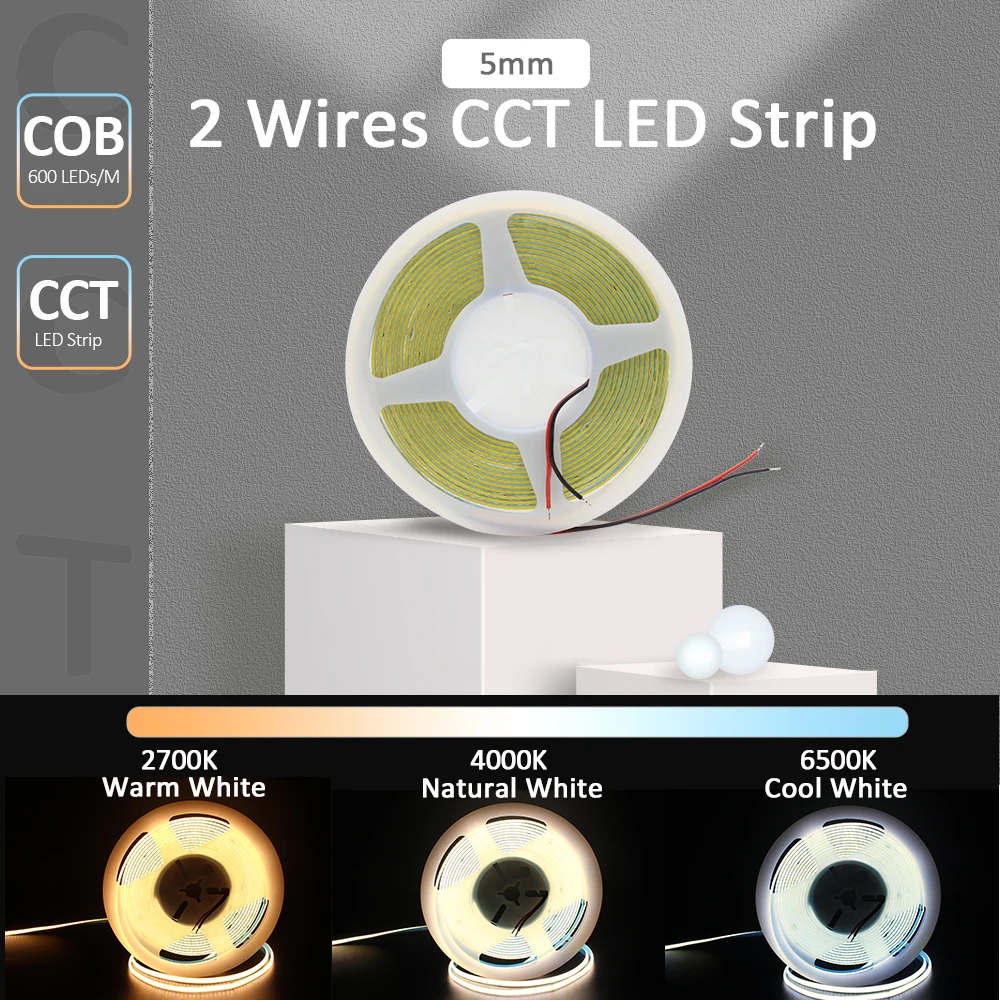 5M 12V 24V DC 2 Wire CCT COB Strip Light 600 LEDs/m High Density Flexible Ribbon Dual White FCOB Tape Lamp 5mm PCB Linear Lights