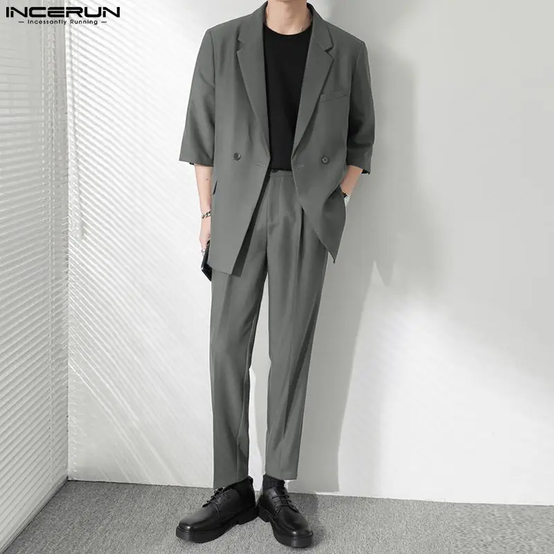 INCERUN 2023 Korean Style New Men's Short Sleeve Suits Long Pants Sets Fashion Casual Male Solid All-match Two Piece Sets S-5XL