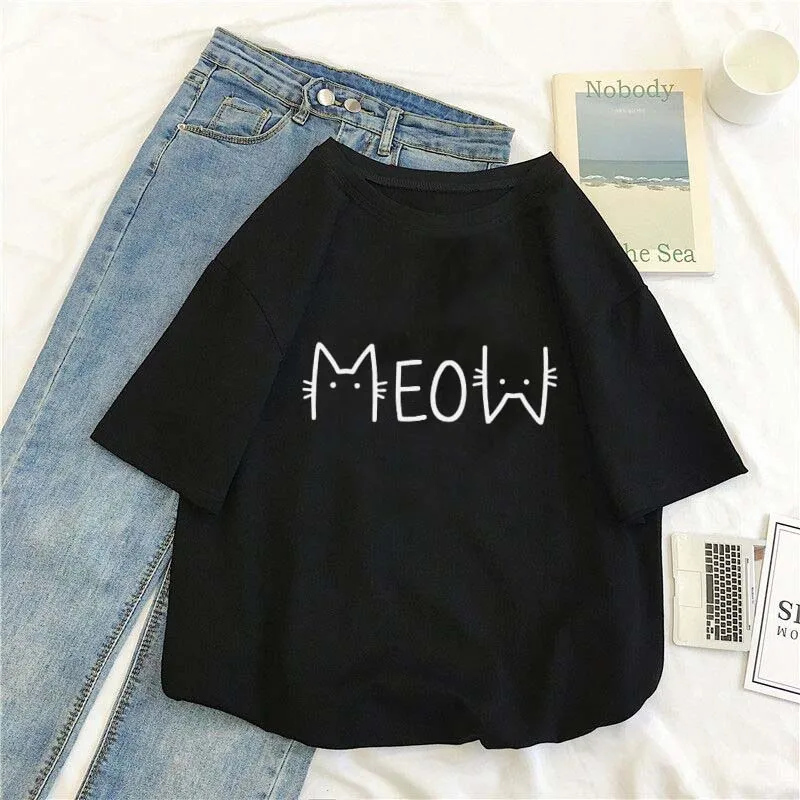 Summer New Style Meow Cat Letter Printed T-Shirt Cute Men's Women's Loose Simple Short-Sleeved Cotton Round Neck 14-Color Top |