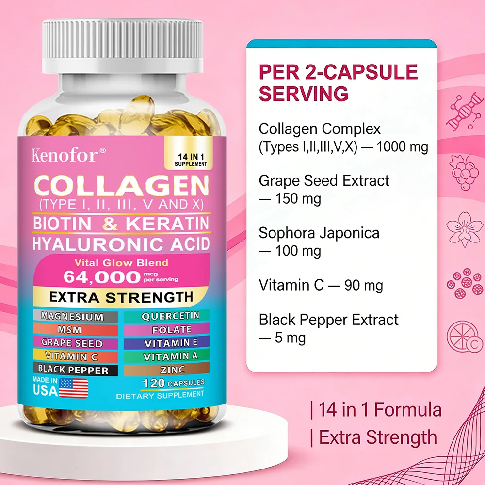 Collagen Capsules with Types I,II,III,V,X + Biotin Keratin Vitamins, Anti‑Aging, Skin Whitening, Hair, Nail Care & Joint Support