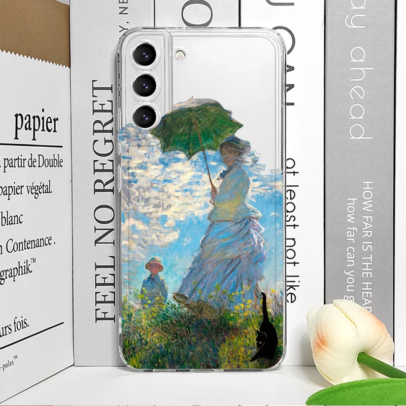 Vintage Oil Painting Black Cat Scenery Clear Phone Case