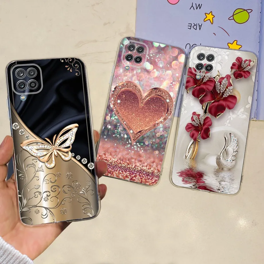 Чехол для Galaxy A12 A125F Samsung, Обложка, чехол с блестящими сердечками, бабочками, цветами, чехлы с рисунком для Samsung A12 SM-A125F, прозрачные чехлы