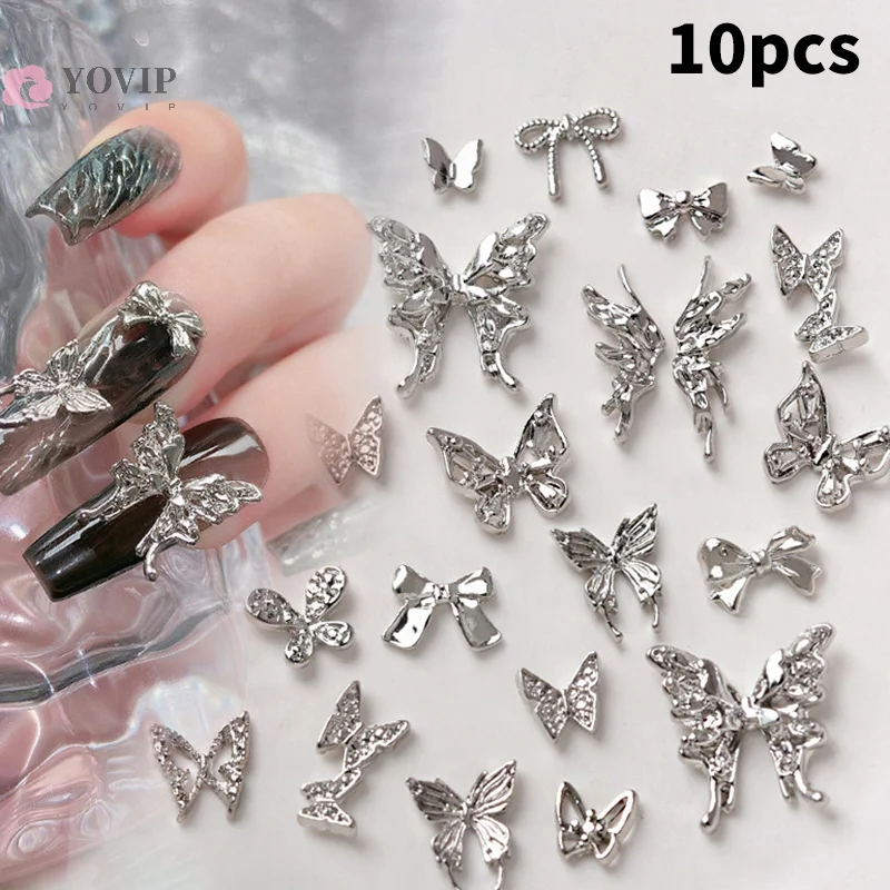 

10pcs/bag Butterfly Shaped Nail Rhinestone Star Flower Nail Charm Silver Alloy Nail Pearl Jewelry Accessories Nail Supplies