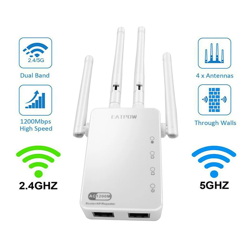 WiFi Repeater Wifi Amplifier Signal Wifi Extender Network Wi fi Booster  1200Mbps 5 Ghz Long Range - 5G White / EU plug