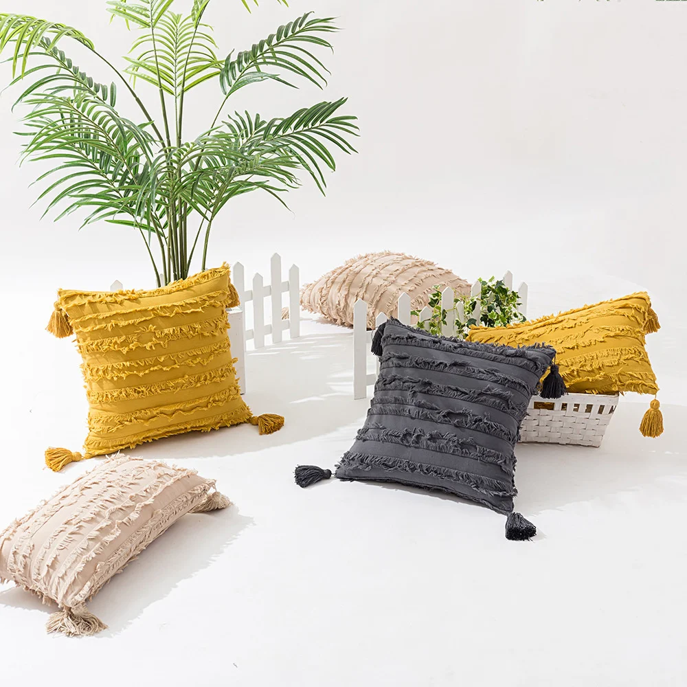 

Solid Tassel Cut Flower Color Pillow Case Jacquard Stripe Cotton Linen Moroccan Cushion Cover For Home Decor No Core ML541