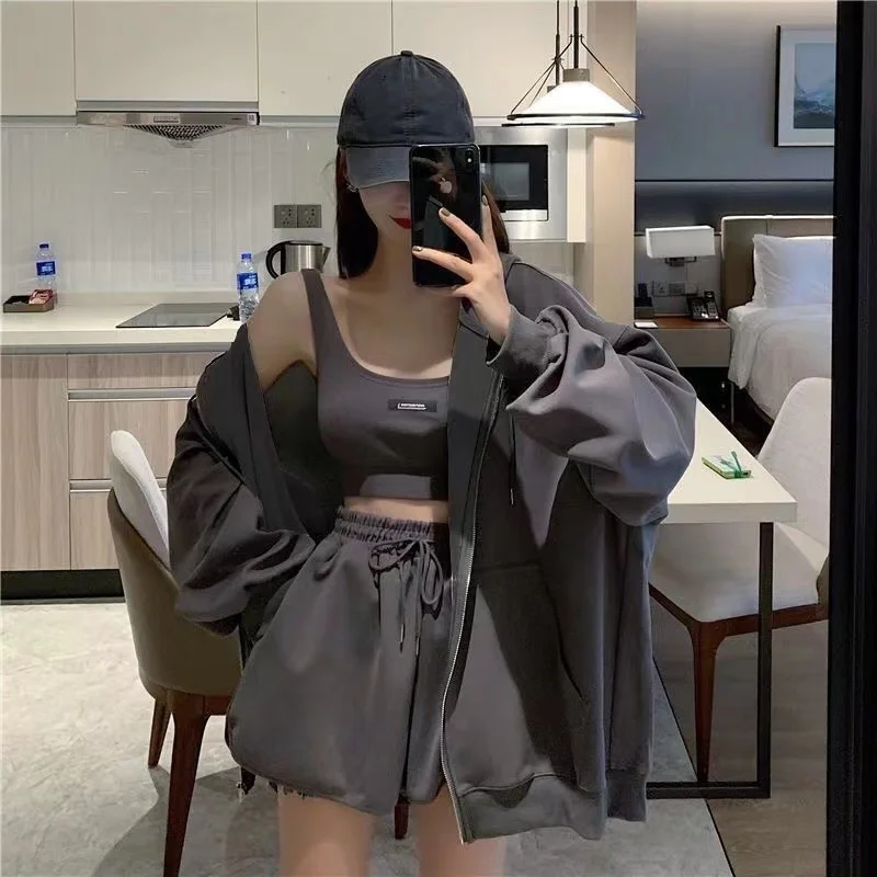 Casual Shorts Three 3 Piece Sets Women Vest Drawstring Shorts Hooded Zipper Jacket Sportswear Suits Female Solid Sports Hoodie plus size loungewear sets