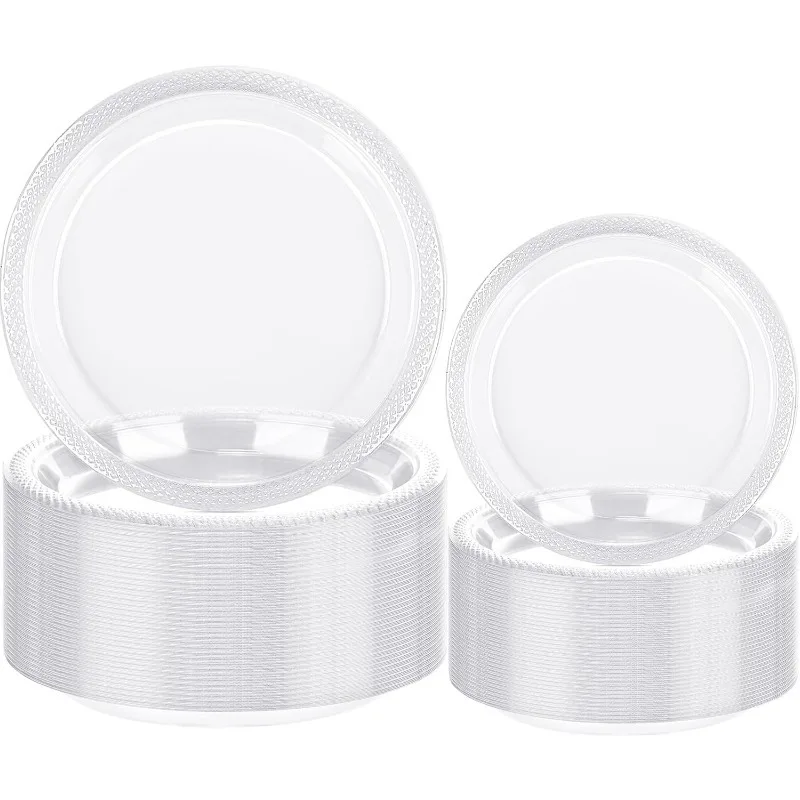 200PCS Disposable Clear Plastic Plates with Rim 9 "Dinner Plates 7 "Dessert Elegant Fancy Heavy Duty Plastic
