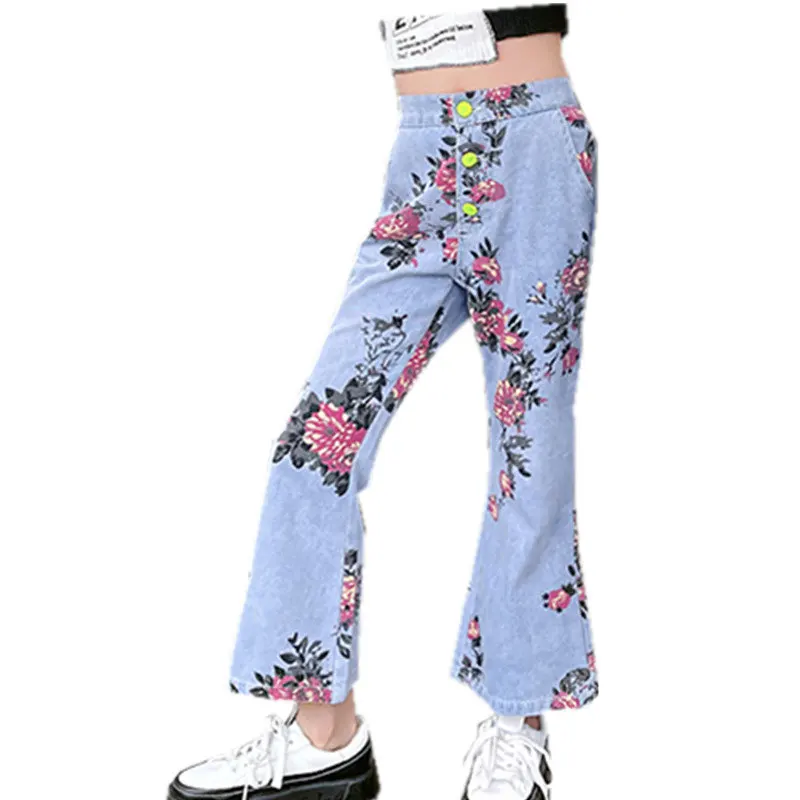 

Teen Girls Fashion Jeans with Flower Pattern Summer New Arrival High Quality Floral Print Denim Flare Pants for Kids 5 To 14Year