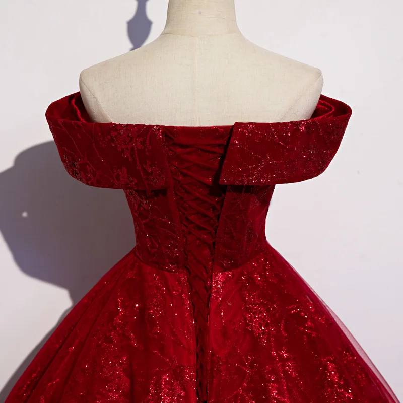 Red Evening Dress New Off The Shoulder Classic Elegant Ball Gown Sleeveless Sequined Tulle Banquet Shinning Host Customized party dress