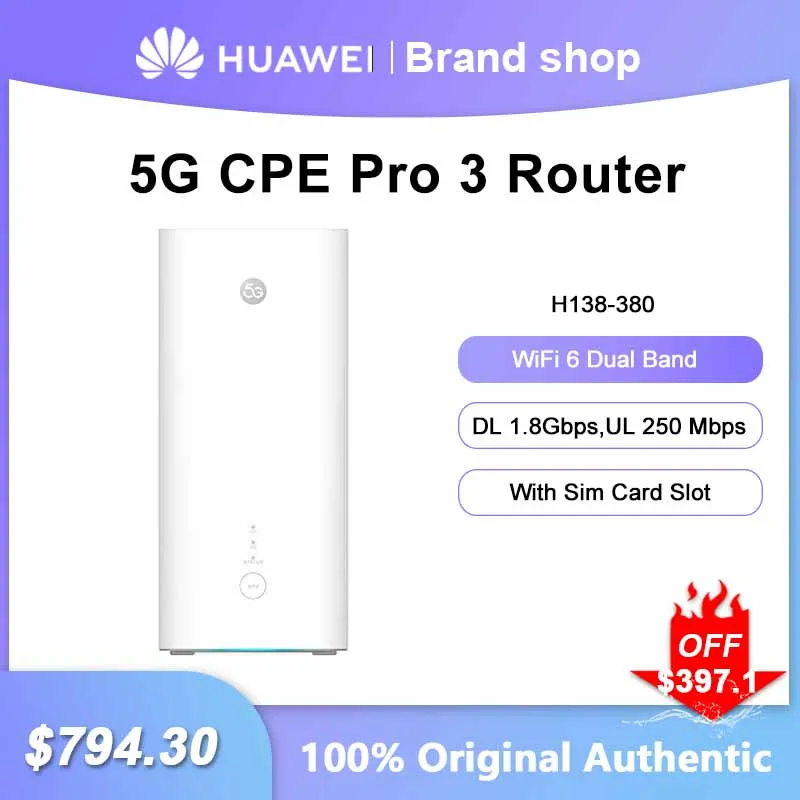 

Unlocked Huawei 5G CPE Pro 3 WiFi Repeater H138-380 Dual Band Router DL 1.8Gbps UL 250 Mbps WiFi 6 Amplifier With Sim Card Slot