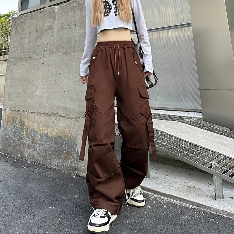 

Lady Elastic Waist Pockets Cargo Style Long Pant Female Black Brown Wide Leg Pants 2023 Autumn Harajuku Mujer Street Trousers