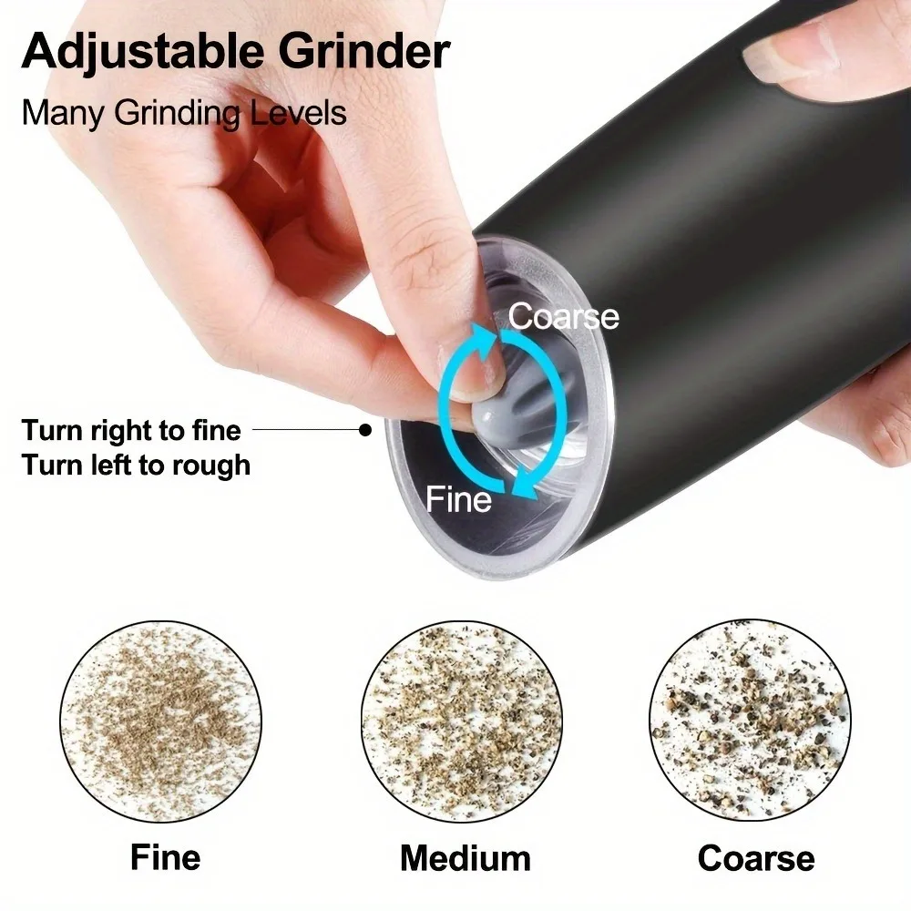 2-piece gravity electric pepper grinder, adjustable thickness, powered by LED lights, stainless steel without battery