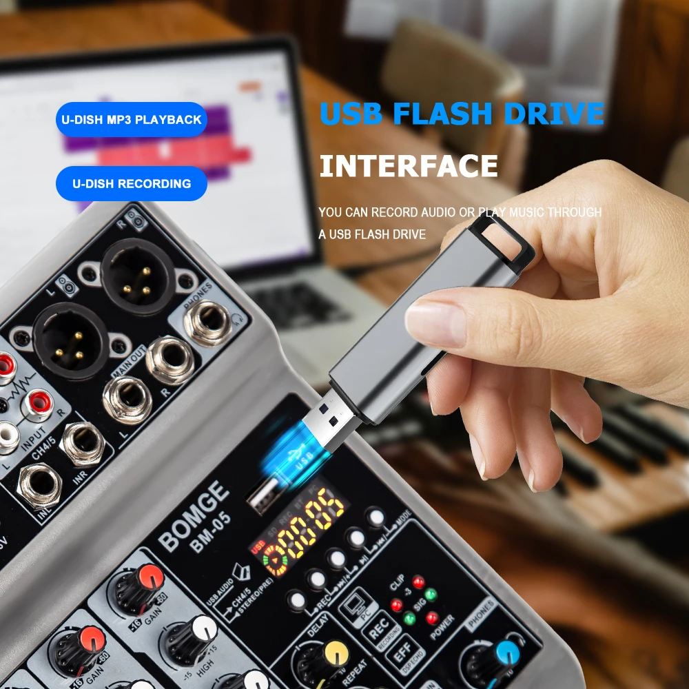 Professional 4 5 channels Audio mixer portableDJ karaoke Mixing Console With USB Interface Sound Card BT 48V PC MP3 DJ Recording audio mixer