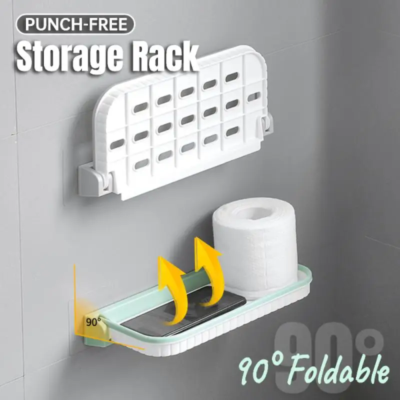 Foldable Bathroom Toilet Storage Rack Shower Shelf Storage Rack  Self Adhesive Kitchen Wall Shower Rod Tray Storage Organizer 4