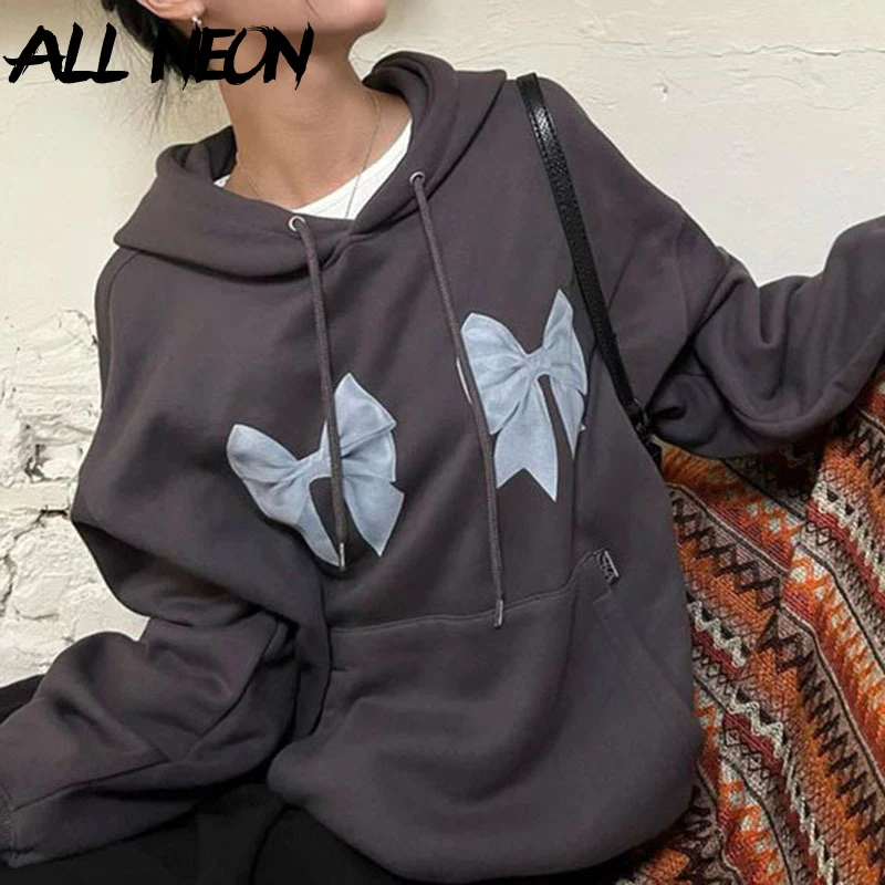 

ALLNeon 90s Cute Bow Printed Hooded Sweatshirts Casual Big Pockets Pullovers Hoodies Women Autumn Winter Loose Y2K Sweatshirt