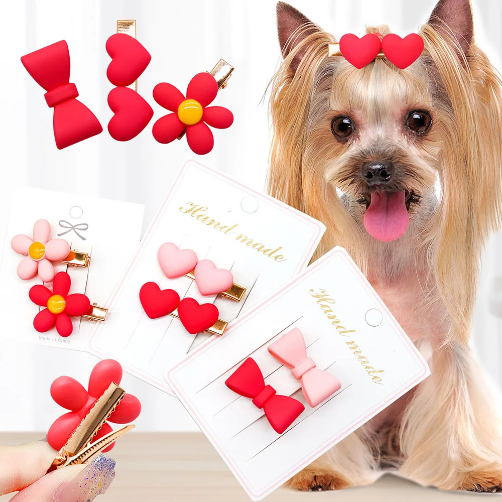 2pcssetPinkDogHairClipsDogsFlowerHeartClipsPetHairpinCute
