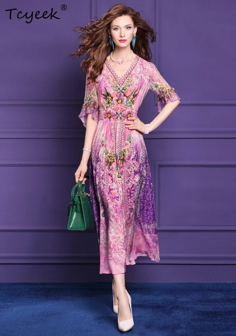 Tcyeek, 100%Real Silk 3/4 Sleeve Dresses, Women V Neck Flower Print,  Elegant Fashion Party Dress, 2024 Summer New D46163QM - AliExpress 200000345