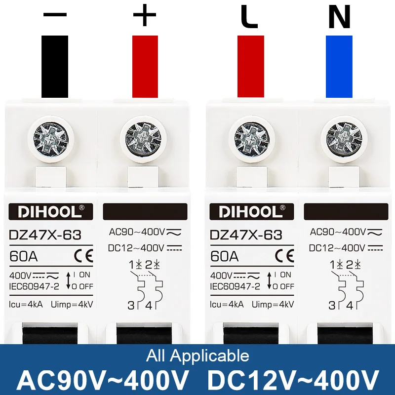 O interruptor MCB de DZ47X, 400V, 15A, 30A, 40A, 60A, 2 pólos areja o interruptor, 100A, 120A, uso em baterias solares, agregado familiar