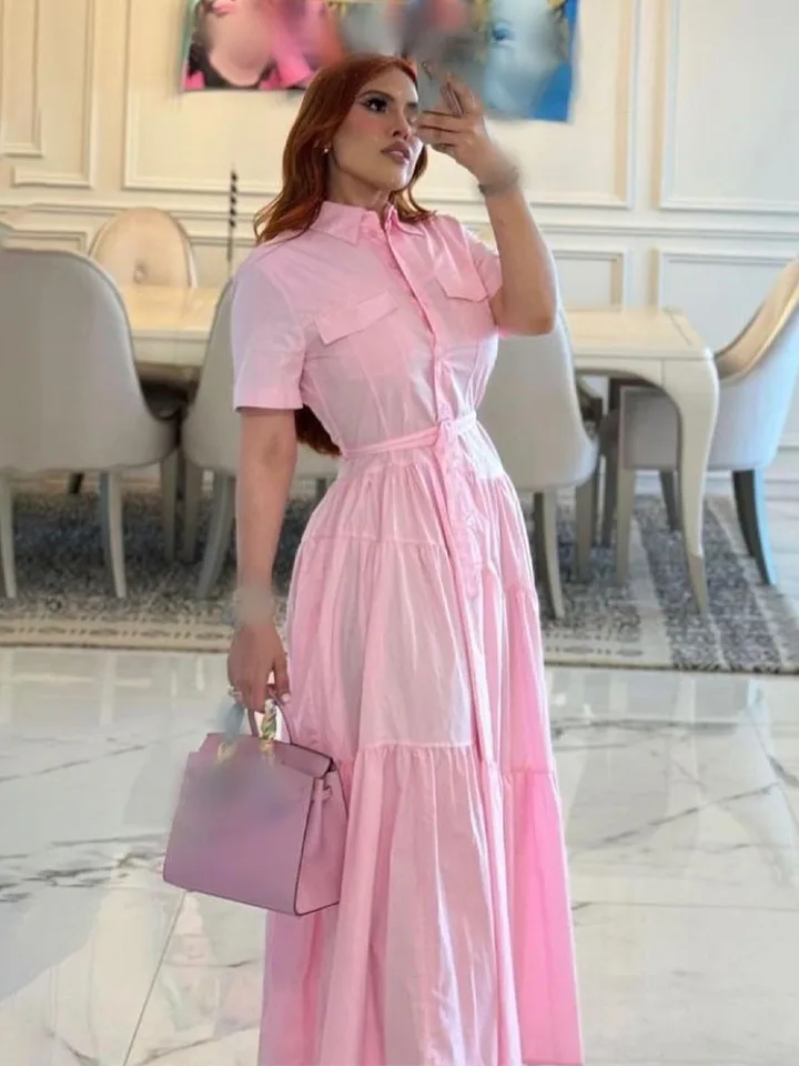 Abito Midi A Maniche Corte In Cotone Ed Elastan, Rosa, Taglia XL, Per Donna, Per Matrimoni E Feste, Vestito Classico - 2