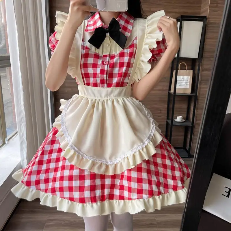 

Cosplay Japanese Cute Lolita Maid Princess Dress Sexy Uniform Black Red Grid High Waist Subdue Temptation Bow Girl Sweet Kawaii