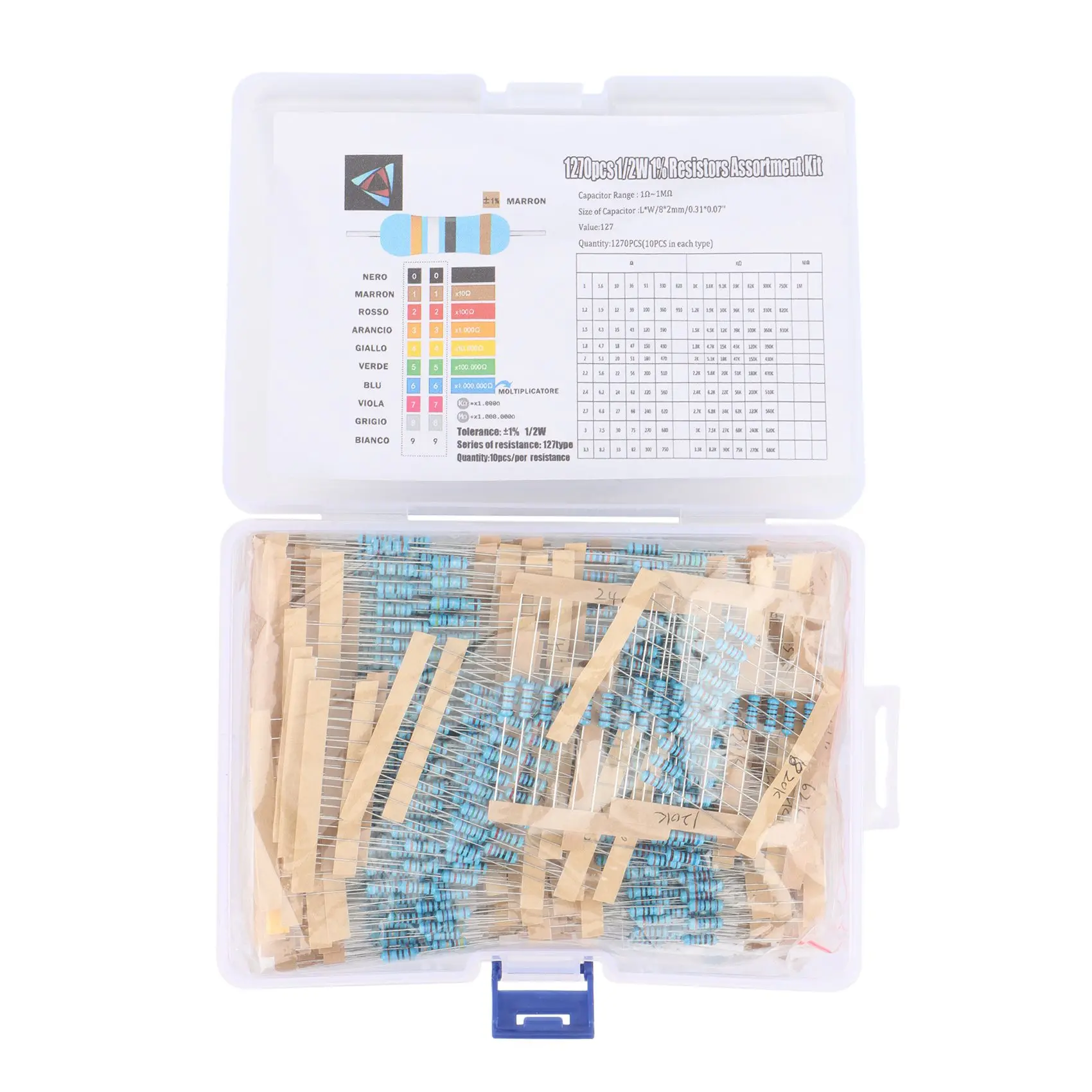 

1270 шт. 1/2 Вт 0,5 Вт 1% 1R-1M Ом 127 значений набор ассортимента металлопленочных резисторов комплект резисторов с сквозным отверстием