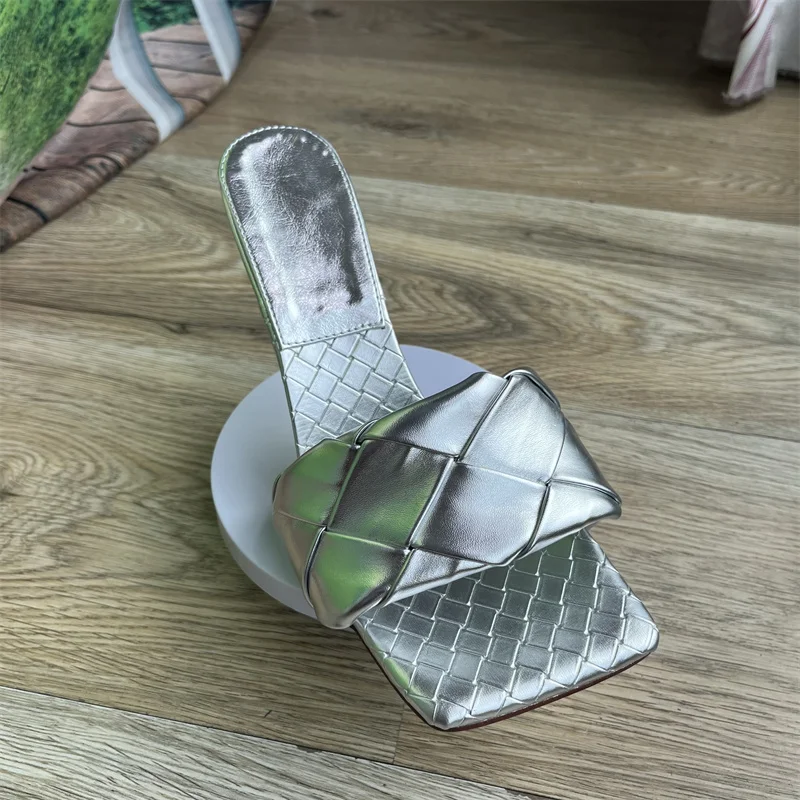 

Brand Woven High-heeled Square toe Slippers 2023 Summer New Multi-color Thin Heel European American Big Size42 43 Women Sandals