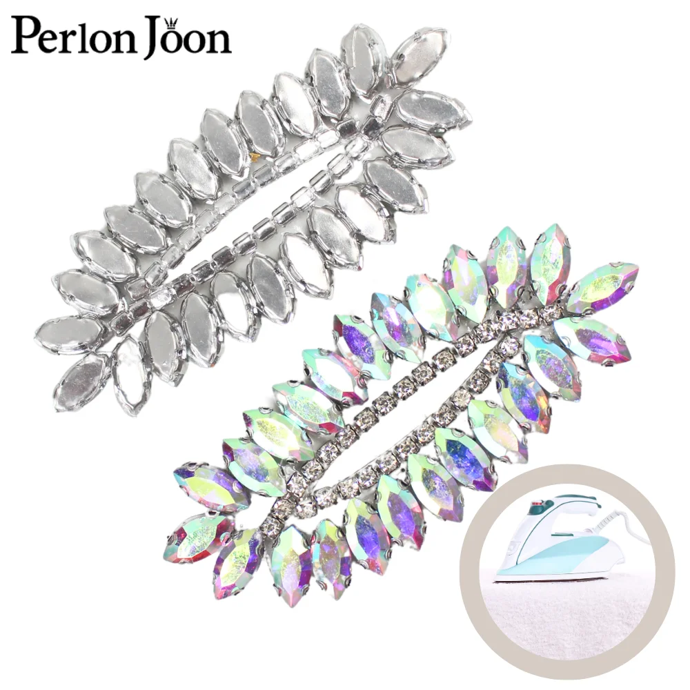 2PCS Kristall Strass AB Silber Blatt Dekoration Aufkleber Für Hochzeit Kleider Kopfbedeckungen DIY Taschen Eisen auf Applique Zubehör TR179 – Detail 3