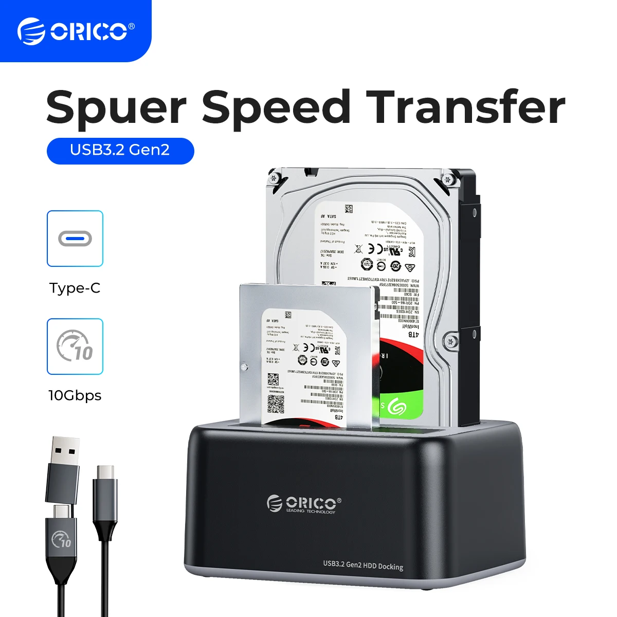 Orico-tipo c Dual-bay Hdd Docking Station Usb3.2 10gbps Case de Disco Rígido com 12v3a Adaptador de Energia para 2.5 3.5 Polegada Hdd Ssd