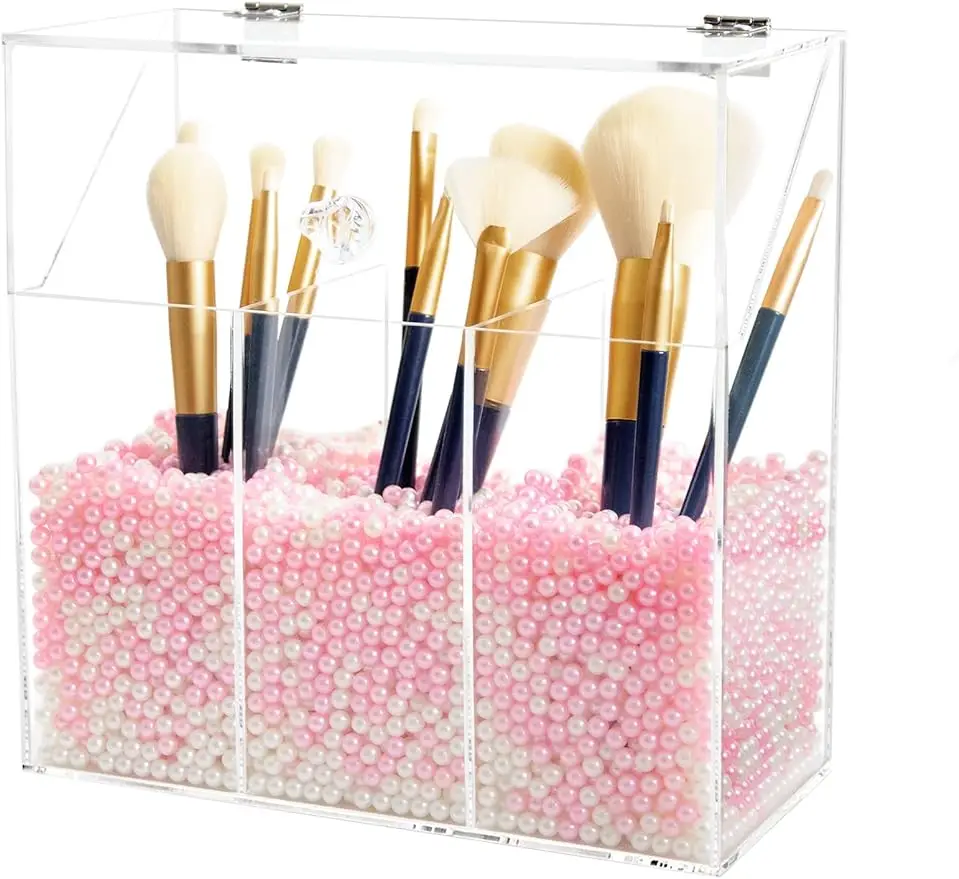 

Acrylic Makeup Brush Holder Cosmetic Brush Organizer with Lid Dustproof and 1300pcs Pearls Cosmetic Organiser ,Clear