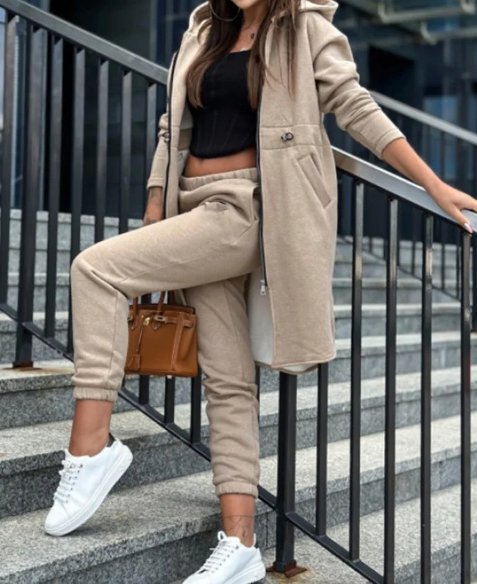 Sets for Women 2 Pieces Autumn Fashion Casual Solid Long Sleeve Hooded Long Zipper Sweatshirts & High Waist Pocket Pants Set winter hooded glossy down cotton 2 pieces sets casual thicken waterproof sweatshirts tops conjuntos high waist jogger pants suit